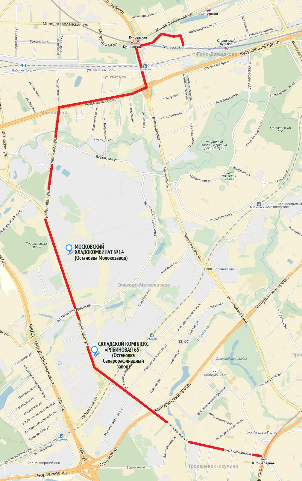 На карте показан проезд 610 маршрута автобуса от метро «Юго-западная» до Рябиновой улицы через Эстакаду.